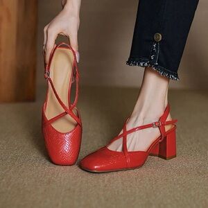 Handmade Red Leather Mary Jane Mid Heel Strappy Slingback Square Pumps Shoes, 8